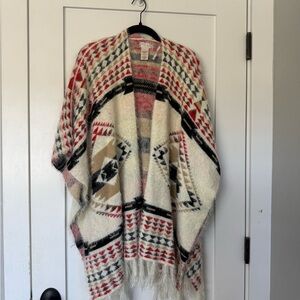 Free People Striped Fuzzy Knit Poncho in Ivory, Red & Black